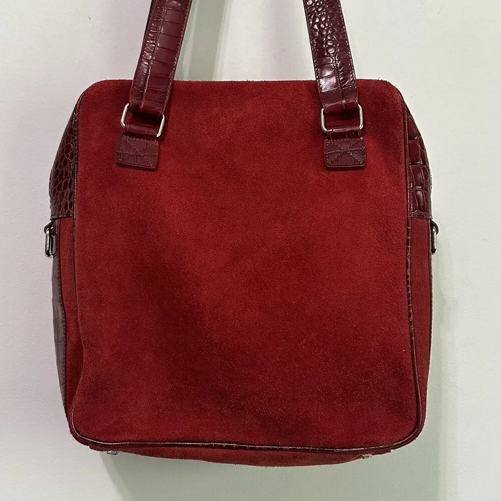 Levenger Suede Leather Shoulder Bag Tote Buckle Red Square Holiday Top Zip Purse